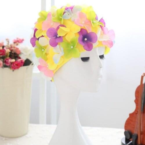 Women 3D Flowers Design Bath Cap Swimming Cap Women Waterproof Protect Ears Long Hair Sports Swim Pool Hat