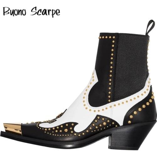 Womens Ankle Boots Rivets Studs Beads Chunky Heel Boots Pointed Metal Toe Chelsea Leather Boots Elastic Western Cowboy Booties