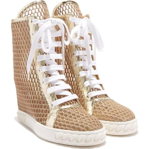 Summer Breathable Bottine Femme 8CM Height Increasing Wedges Ankle Boots Hollow out Genuine Leather Woman Botas female Shoes