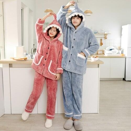 Women Winter Thick Warm Flannel Pajama Sets Plus Size Coral Fleece Pijama Top Men Lovely Animal Hooded Cosplay Pyjama Home Wear