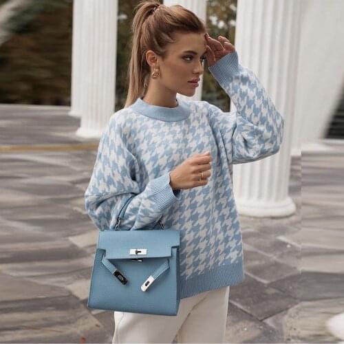 Female 2021 Autumn Winter Retro Jumper Women Geometric Blue Knitted Sweater Women Casual Houndstooth Lady Pullover Sweater Femme