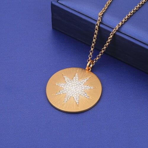 Golden Silver Color Long Necklace Maxi Metal Big Round Pendants Statement Jewelry Necklaces For Women CZ Crystal Star Pattern