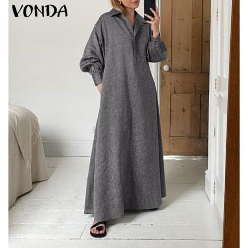 Women Dresses Casual Stand Collar Pleated Long Maxi Dress 2021 VONDA Bohemian Vestidos Femme Kaftan Robe Oversized Sundress