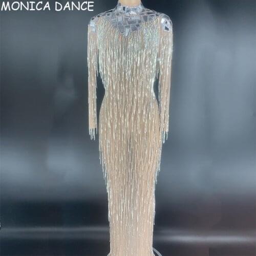 Women Sexy Stage New Silver Stones Fringe Transparent Dress DS Dance Outfit Bar Birthday Celebrate Wear Mirror Mesh Long Dress