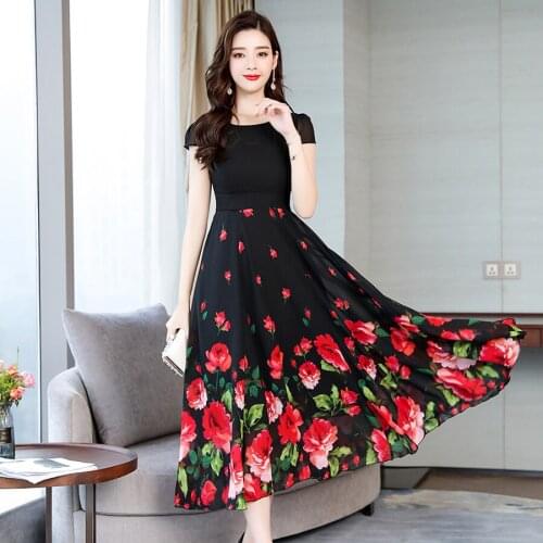 2021 Vintage Black Floral Chiffon Beach Dresses Spring Summer Plus Size Runway Maxi Dresses Elegant Women Bodycon Party Vestidos