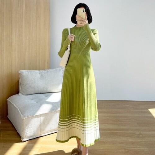 2021 New Autumn Winter Women Knitting Long Sleeve Stripe Sweater Dresses Casual Solid Color Warm Ladies Mid-Calf Dress Vestidos