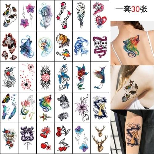 30PCS Colorful Wolf Butterfly Waterproof Temporary Tattoos for Men Women Arm Body Wrist Fake Tatto Stickers Animal Waist Tatoos