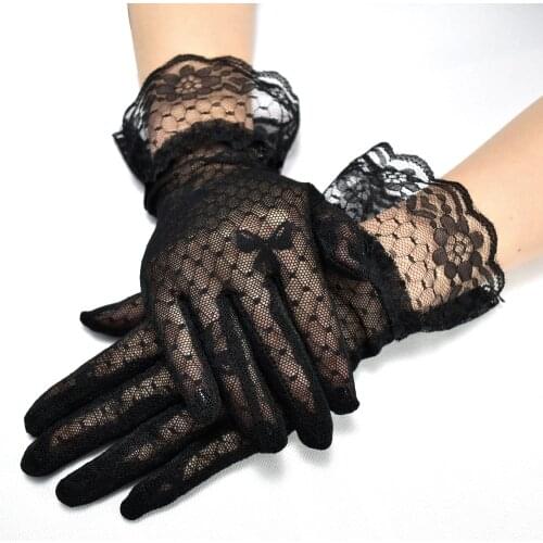Black Transparent Women Mesh Glove 2021 Lady Flare Wrist Length Bow Goth Cool Party Gloves Full Finger Lace Patchwork Accessory