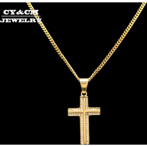 CY&CM Women Men Titanium Stainless Steel Gold Color Bling Bling Iced Out Rhinestone Crystal Cross Pendant Necklace Punk Jewelry