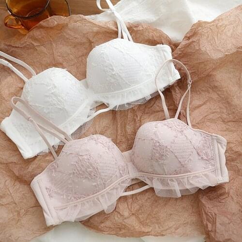 Wriufred Flower cup small sequined underwear sexy hollow thin shoulder straps gathered lingerie no steel ring no trace bra set