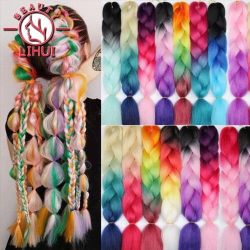 LIHUI 10packs Women Long Ombre Glowing Twist Synthetic Braiding Hair Extension 24"Jumbo Braids Pink Blonde Green Two Tone Color