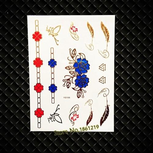New Henna Roses Fake Metallic Golden Tattoo Stickers Women Makeup Tips Dating Body Art Arm Bracelet Feather Tattoos Sticker 106