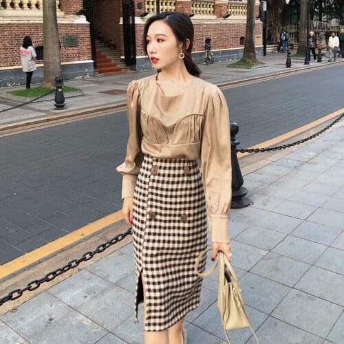 Pneime Autumn and Winter Womens Skirts 2021 New Woolen Thickened Mid-length A-line Retro Plaid High Waist Split Skirt