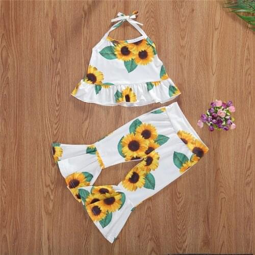 1-6Y Summer Fashion Toddlers Kids Baby Girls Sunflower Print Sleeveless Top+Flare Pants 2pcs Children Clothing Outfits