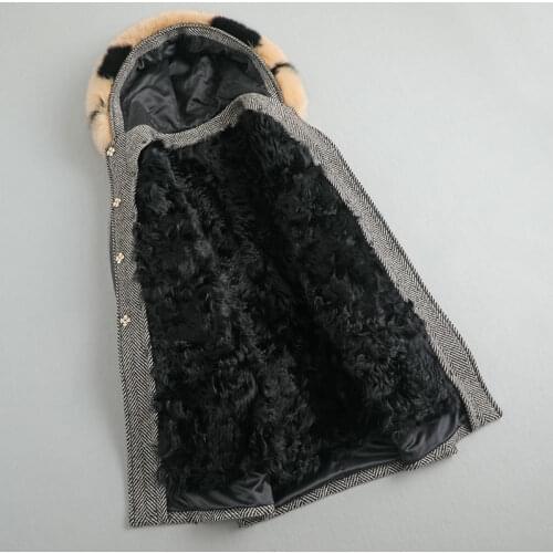 Parka Real Fur Coat Female Natural Lamb Fur Liner Wool Coat Winter Jacket Women Fox Fur Collar Tweed Woolen Coats MY4360