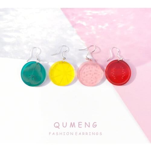 QUMENG Fashion Women Transparent Geometric Circle Stud Acrylic Color Earrings Round summer fruit cute sweet girls earrings 2020