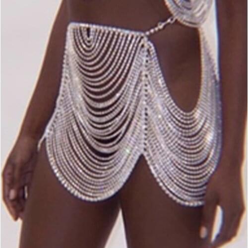 Stonefans Luxury Wavy Body Chain Rhinestone Short Skirt Mini Hip Jewelry Crystal Waist Chain Wrap Buttocks Nightclub Rave Skirt