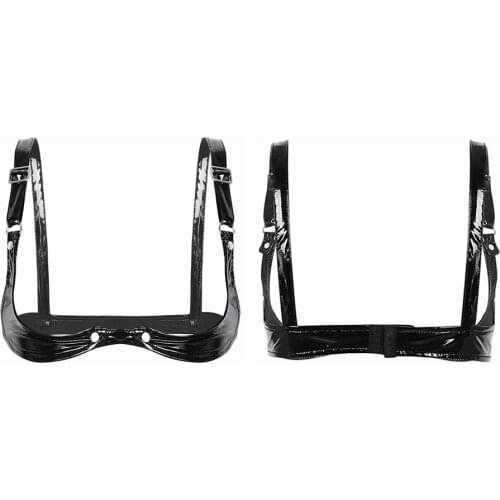 Sexy Erotic Hot Women Open Cup Shelf Bra Exposed Breasts Nipples Bra Adjustable Spaghetti Straps Wetlook Faux Leather Lingerie