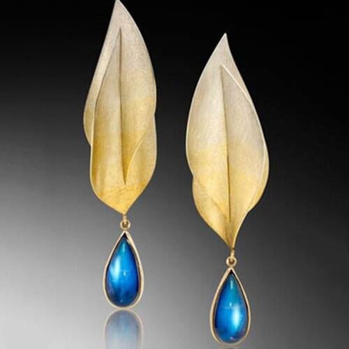 Creative Gold Color Metal Leaves Drop Earrings Fashion Jewelry Water Drop Navy Blue Stone Statement Earring for Women