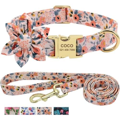 Custom Engraved Dog Collar With Leash Nylon Printed Dog ID Collars Pet Walking Belt For Small Medium Large Dogs Flower Accessory