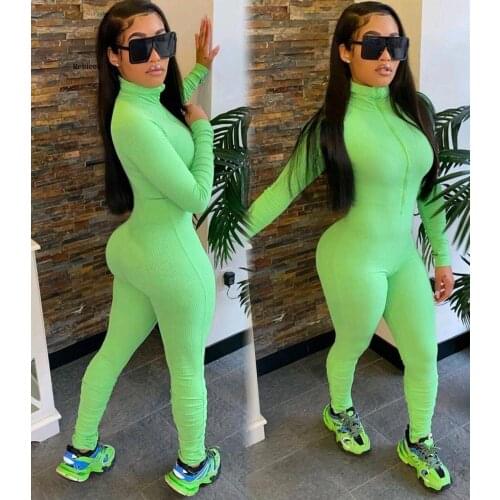 Sexy Solid Color Long Sleeve Deep V Bodycon Rompers Womens Jumpsuit Sport Suit Fashion Zip Up Long Pants Overalls Fitness Set