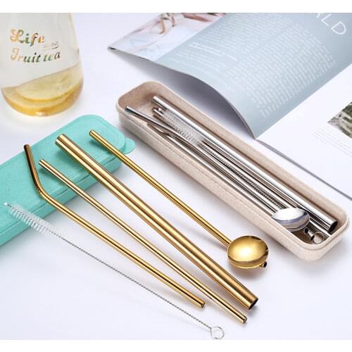 Reusable Stainless Steel Metal Drinking Straws Sturdy Bent Straight Drinks Straw with Cleaning Brush Bar Party Accessory