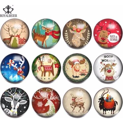 RoyalBeier Mixed Christmas Deer DIY 18mm Glass Snap Button Ornaments Christmas Party For Snap Bracelets Jewelry Kids Gifts