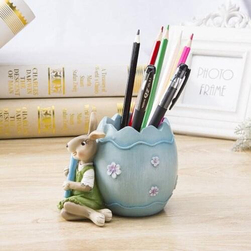 WEILEAD Resin Rabbit Pen Holder Storage Box Figurines For Interior Decoration Cute Study Desktop Ornaments Statue Gift Friend