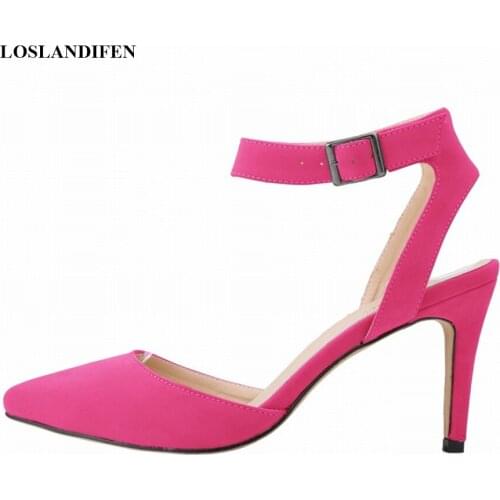 2021 Fine Heel Lady Office Sandals Pointy Toe Solid Flock Women Elegant Summer Party Shoes Wedding High Heels Buckle Pumps Woman
