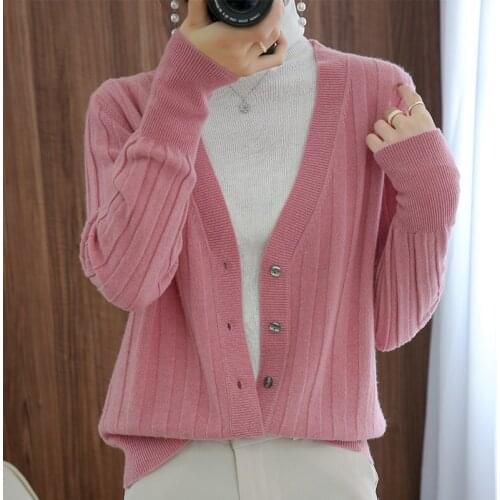 2021 Autumn And Winter New 100% Pure Wool Cardigan Womens Big V-Neck Pit Strip Solid Color Bottoming Shirt All-Match Loose Top