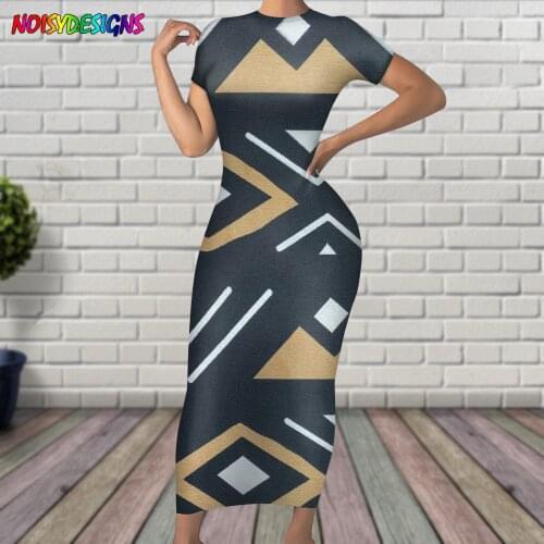 NOISYDESIGNS Bogolan Style Ankara African Geometry Print Short Sleeves Womens Dress High Waist Dresses Female Fashion Vestidos