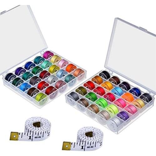 50 Pcs Bobbins and Sewing Thread with Case and 2 Pcs Soft Measuring Tapes for Brother Singer Babylock Janome Kenmore Assorted