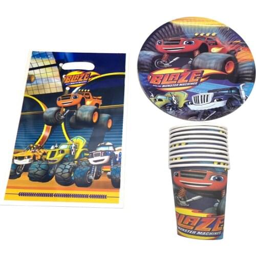 Baby Shower Blaze Monster Machines Decorate Cups Plates Kids Boys Favors Dishes Glass Happy Birthday Party Loot Gifts Bags 60PCS