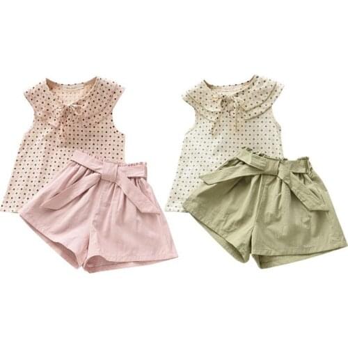 Childrens Sets Kids Polka Dot T-shirt+Shorts 2pcs Summer Suits For 2-6 Years Girl Children Sleeveless Cute Bow Costumes