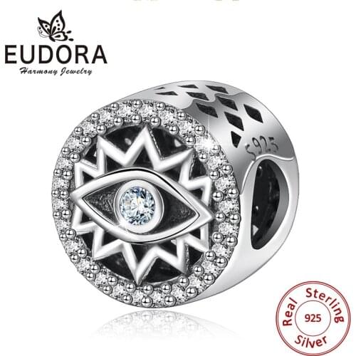 Eudora 925 Sterling Silver Evil eye Bead CZ eye Charm Pendan fit DIY Bracelet For Women S925 Jewelry Making 2019 New Style Z114