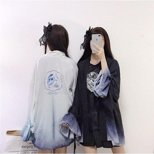 Chinese retro Hanfu women modified mid-length petal sleeve Hanfu men and women ancient style gradient sunscreen kimono cardigan