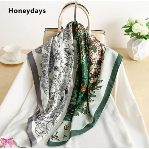 Retro Totem Design Silky Square Scarf All-match Women Shawl Travel Sunscreen Silk Scarfs Print Handkerchief Pareo Bandanna Gifts