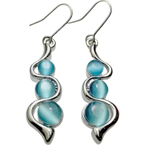 Fashion Beaded Earring Resin Stone Blue Moonstone Dangle Long Jewelry Charm Silver Color Twist Hook Earrings For Women