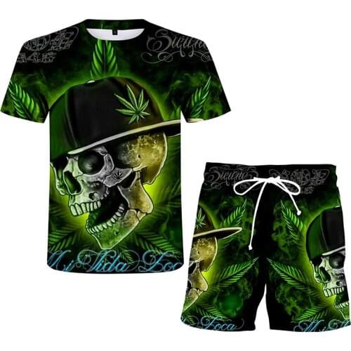 Mens casual short-sleeved shorts suit Weed 3D printing T-shirt outdoor sports suit oversized S-6XL