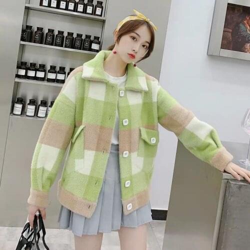 2021 New Fashion Female Faux Mink Fur Cardigan Autumn and Winter Women Plaid Loose Thick Warm Knitted Sweater Cardigan Coat N55