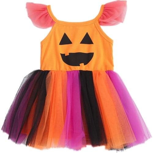 Toddler Baby Girls Halloween Outfits Pumpkin Strapless Sleeveless Dress Button A Line Dresses