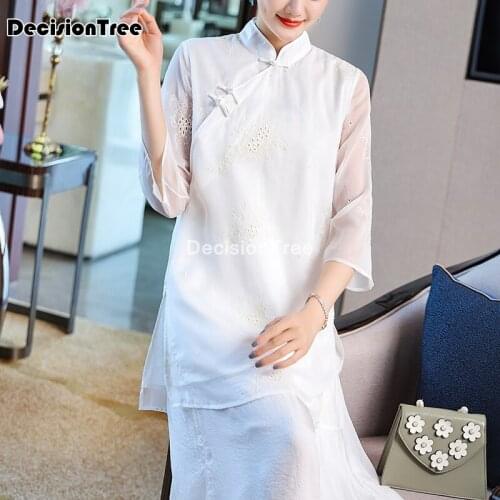 2021 traditional chinese shirt clothing for women embroidery qipao elegant blouse vintage cheongsam satin top ladies clothes
