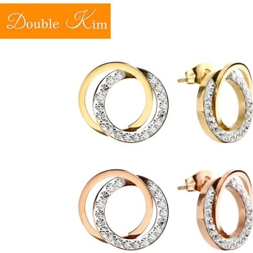 Annulus Full Zircon Stud Earrings Titanium Stainless Steel Inlaid Zircon Earrings Gold Color Fashion Trendy Women Jewelry Gift