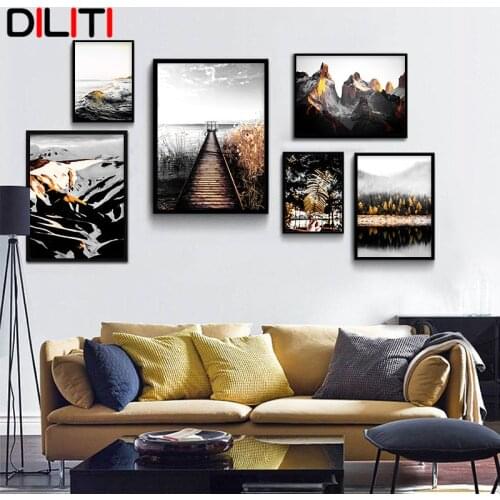 Scandinavian Travel Landscape Canvas Painting Mountain Wooden Trestle Poster Print Nordic Wall Art Picture Living Room Decor