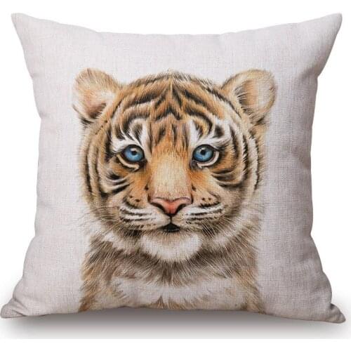 Baby Tiger Lion Cheetah Cushion Cover Animals Painting Beige Linen Pillow Case 45x45cm Pillowcase Sofa Decor