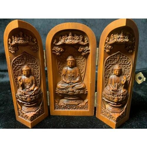 Vintage Japanese Netsuke Old Boxwood Carved Three Open Buddha Box Statue