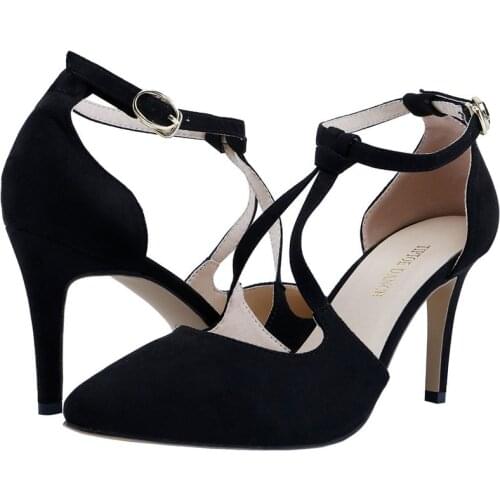 LOSLANDIFEN Womens 9cm Velvet Pointed Toe High Heels Ankle Strap Thick Heel Gladiator Pumps Party Wedding Dress Women Shoes