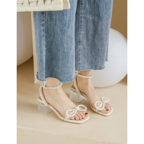 Pearl Sandals 2021 Summer Bow Shoes Womens Heels Suit Female Beige Buckle Strap New Outside Plastic Clear Comfort Black
