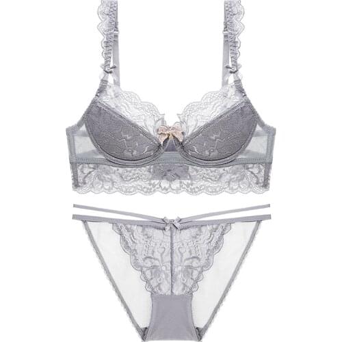 Women Sexy Bras Set Lace Bra Underwear Bow Bralette Lingerie Ultra-thin Brassiere Briefs Panties Set Female Intimates