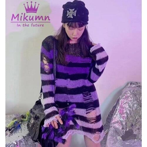 Gothic Sweater Punk Women Striped Knitted Sweater Hollow Out Loose Long Jumper Mujer Jersey Rock Streetwear Tops